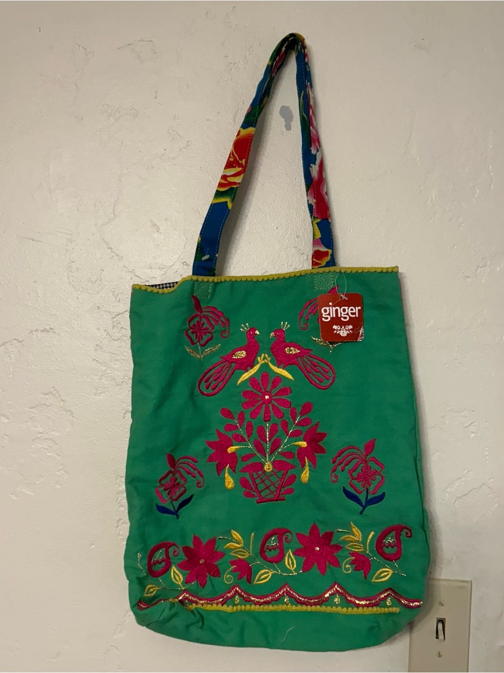 GINGER Green Tote with Pink Floral & Bird Embroidery